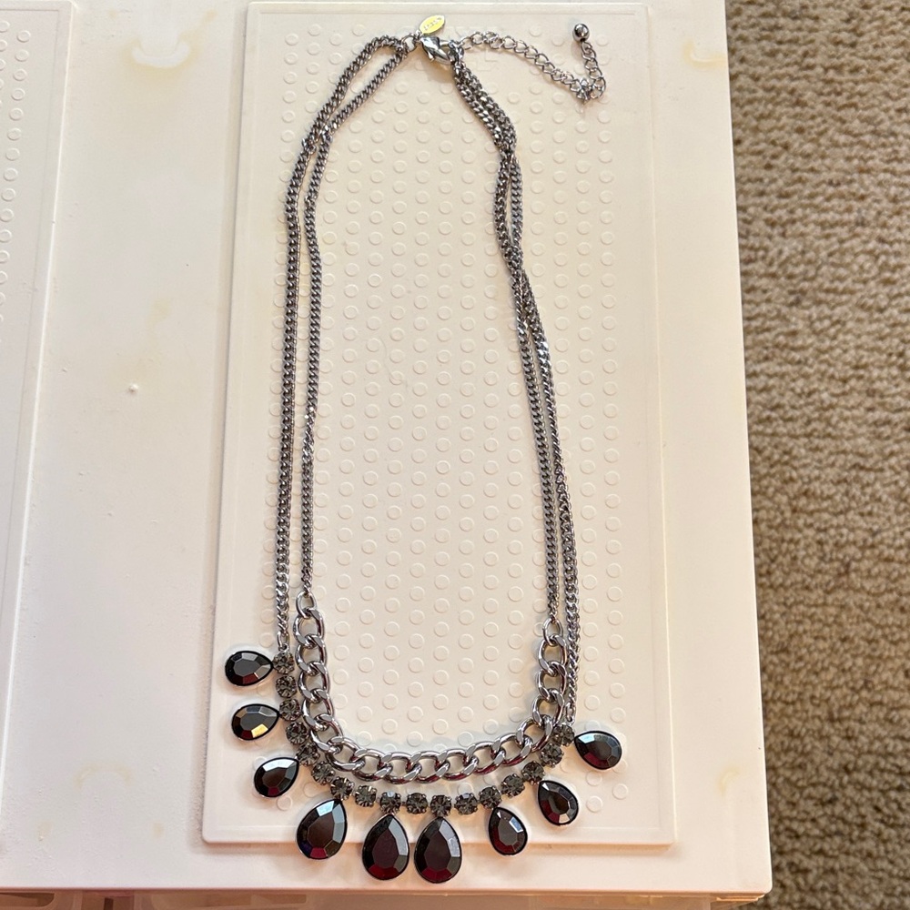 Chico's Silver-Tone Necklace with Black Teardrop Stones and clip earrings